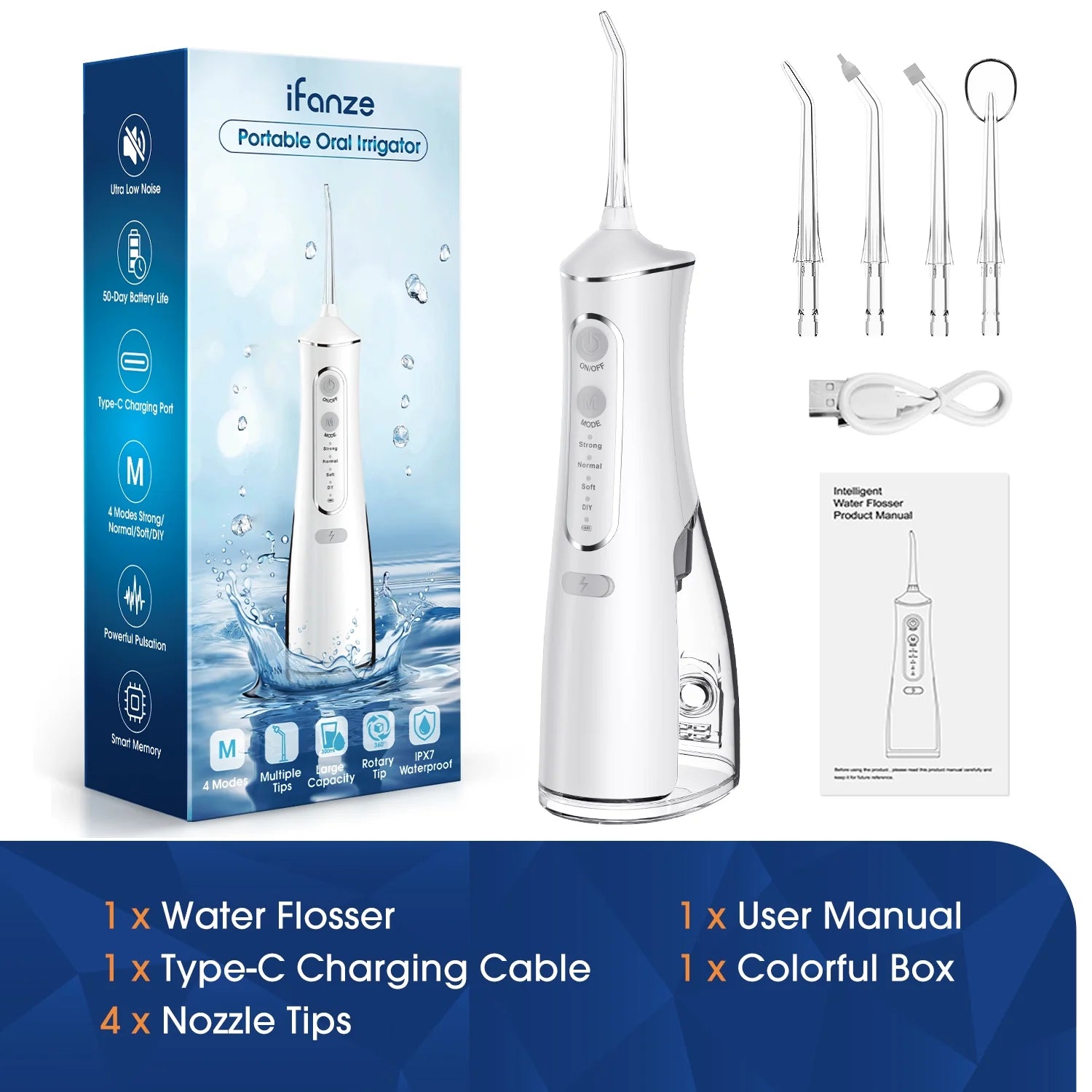 Cordless Water Flosser, Rechargeable Oral Irrigator with 300Ml Water Tank, 4 Cleaning Modes & 4 Tips, Portable Dental Water Flosser for Travel Home Office, White