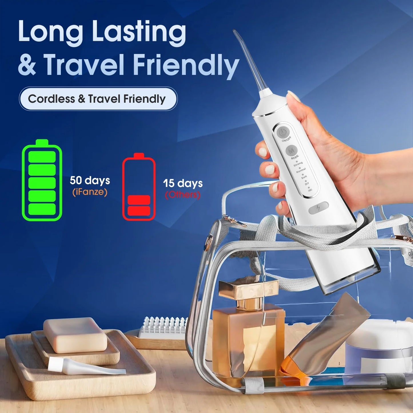 Cordless Water Flosser, Rechargeable Oral Irrigator with 300Ml Water Tank, 4 Cleaning Modes & 4 Tips, Portable Dental Water Flosser for Travel Home Office, White