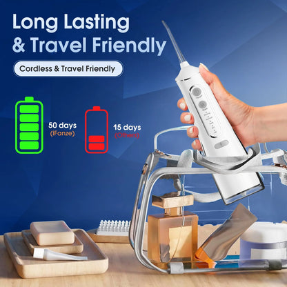 Cordless Water Flosser, Rechargeable Oral Irrigator with 300Ml Water Tank, 4 Cleaning Modes & 4 Tips, Portable Dental Water Flosser for Travel Home Office, White