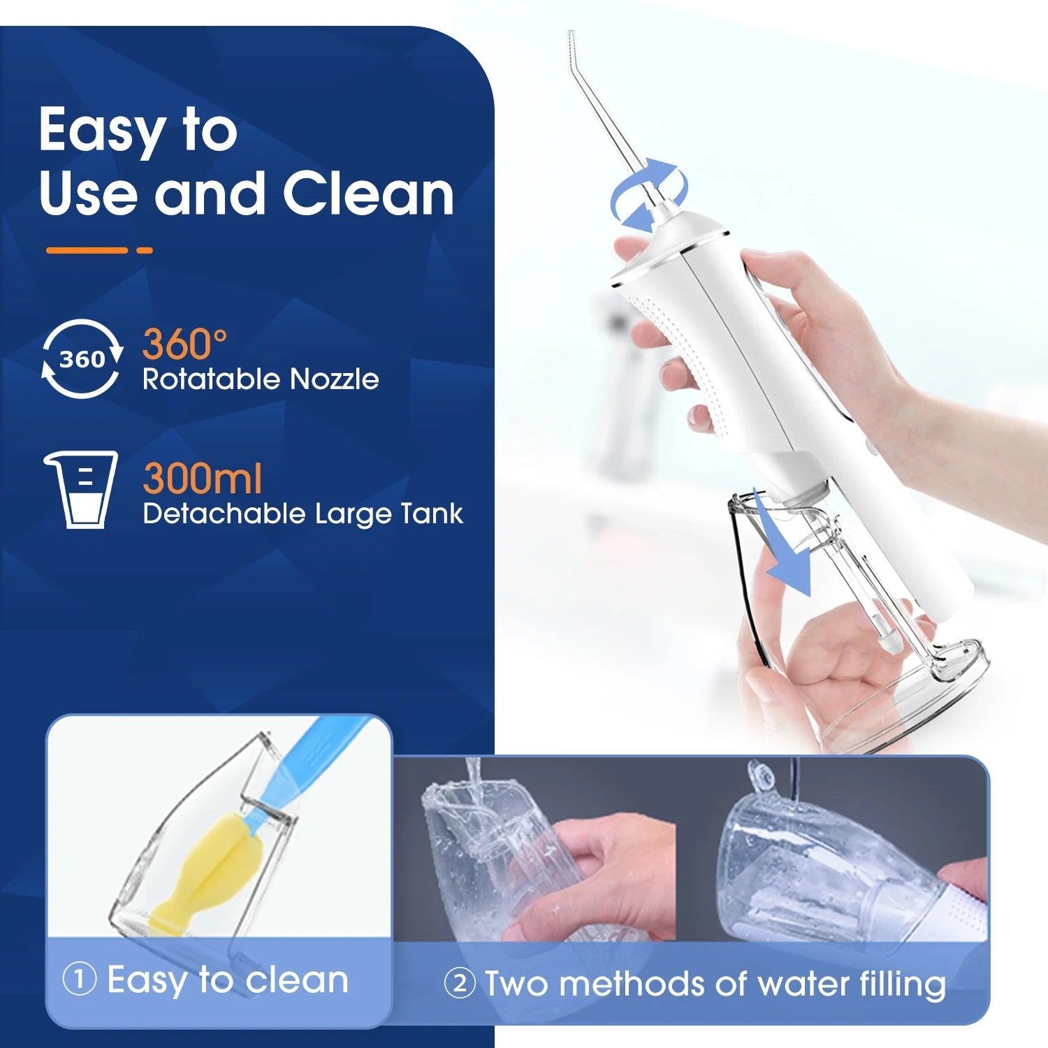 Cordless Water Flosser, Rechargeable Oral Irrigator with 300Ml Water Tank, 4 Cleaning Modes & 4 Tips, Portable Dental Water Flosser for Travel Home Office, White