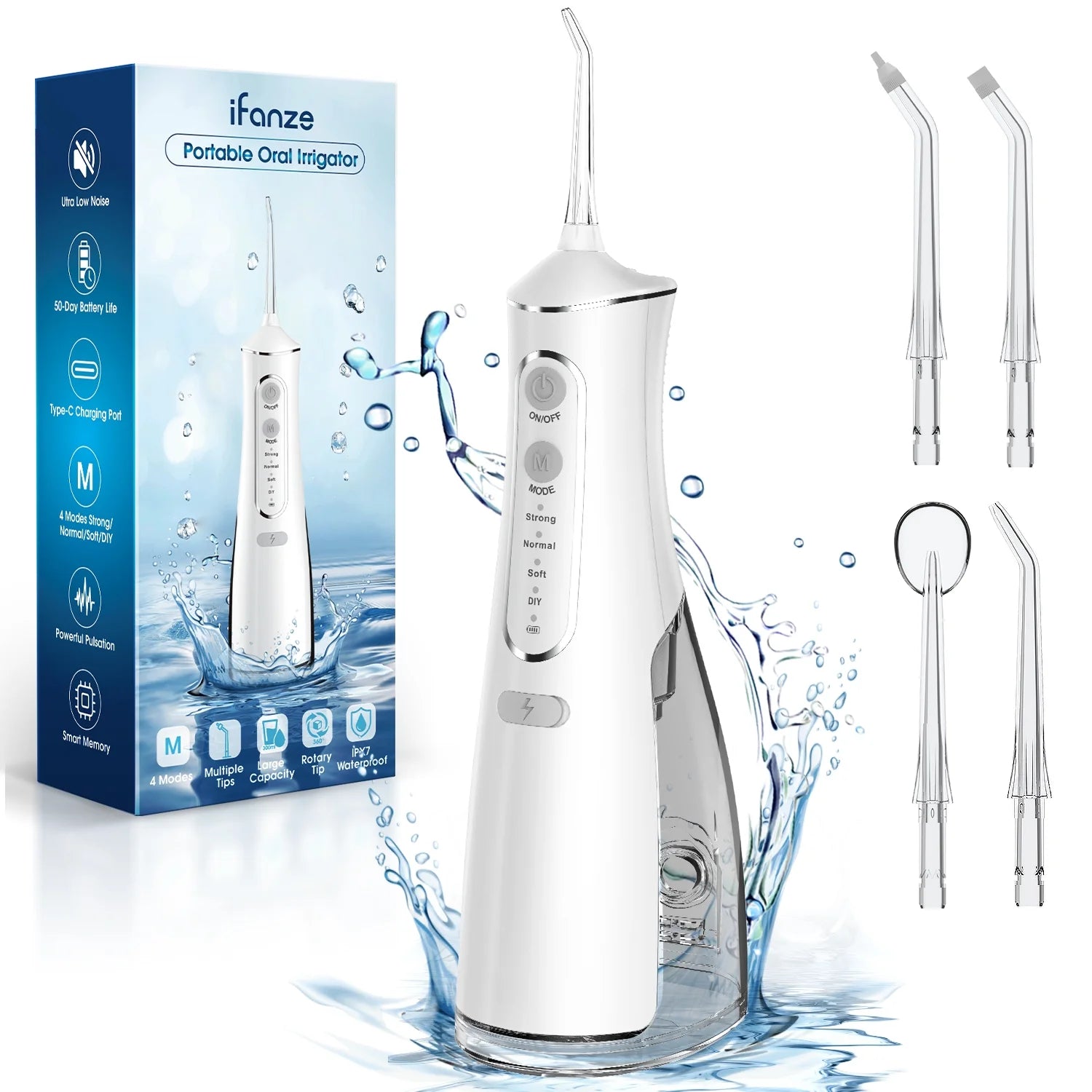 Cordless Water Flosser, Rechargeable Oral Irrigator with 300Ml Water Tank, 4 Cleaning Modes & 4 Tips, Portable Dental Water Flosser for Travel Home Office, White