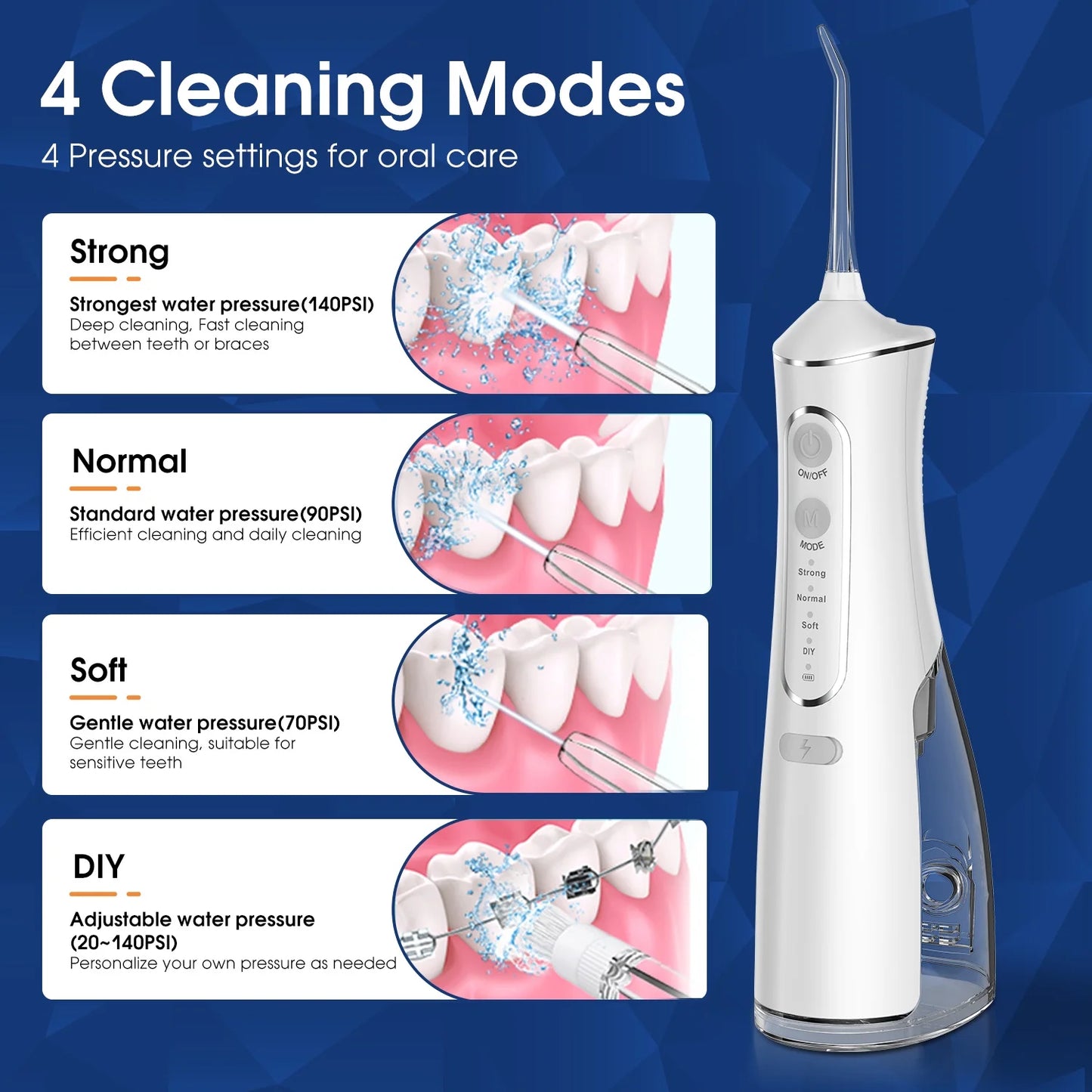 Cordless Water Flosser, Rechargeable Oral Irrigator with 300Ml Water Tank, 4 Cleaning Modes & 4 Tips, Portable Dental Water Flosser for Travel Home Office, White