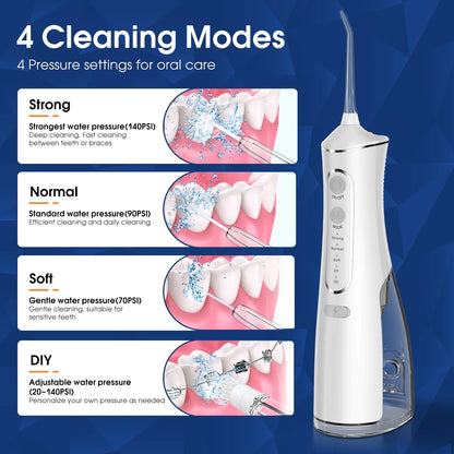 Cordless Water Flosser, Rechargeable Oral Irrigator with 300Ml Water Tank, 4 Cleaning Modes & 4 Tips, Portable Dental Water Flosser for Travel Home Office, White